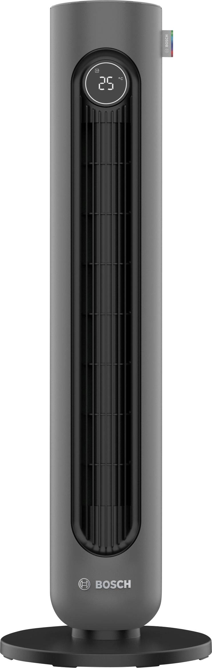 Ein grauer Bosch-Turmventilator mit einer digitalen Anzeige, die '25' zeigt.