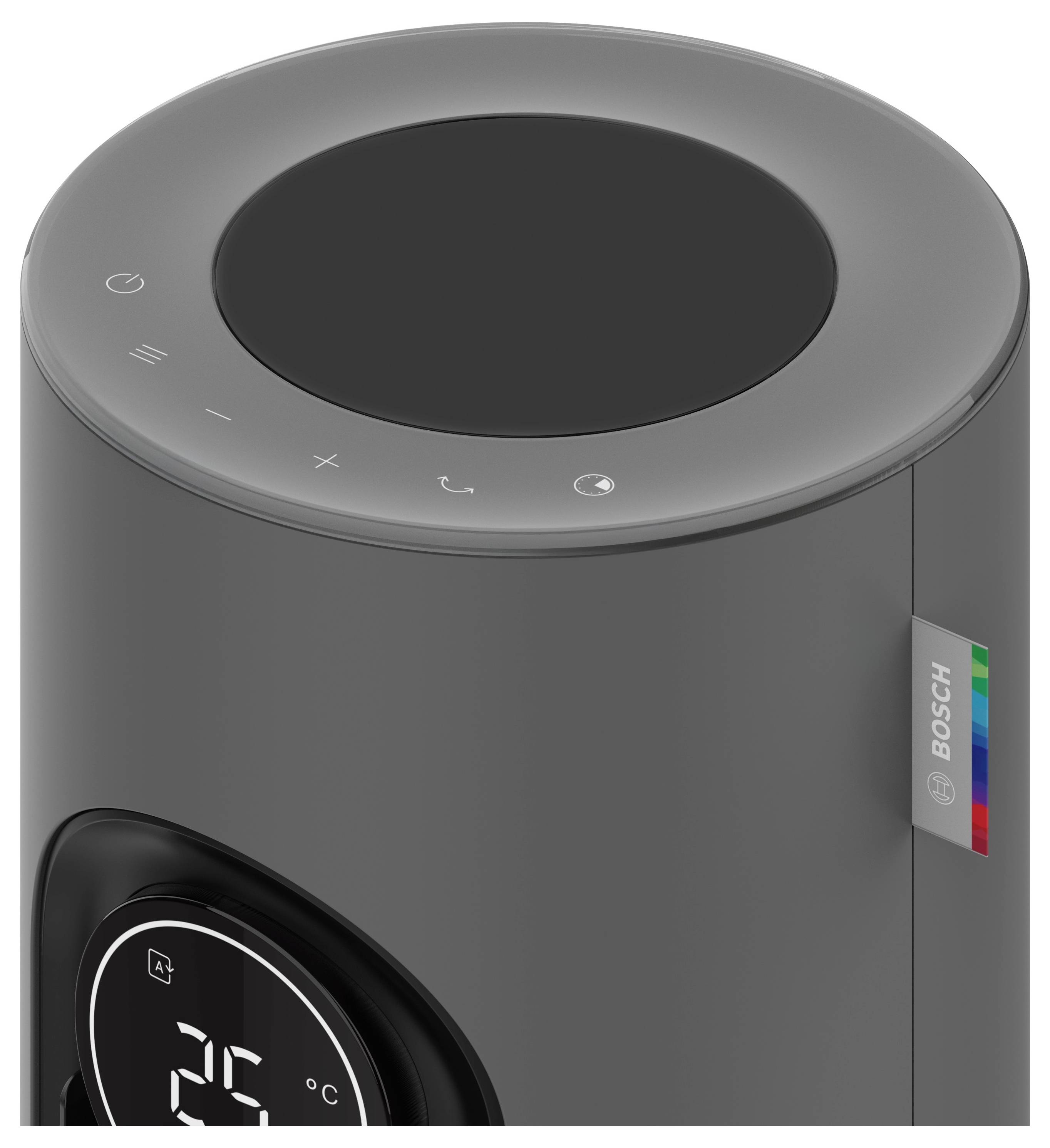 Ein schlankes, zylindrisches elektronisches Gerät mit einem digitalen Display, das „25°C