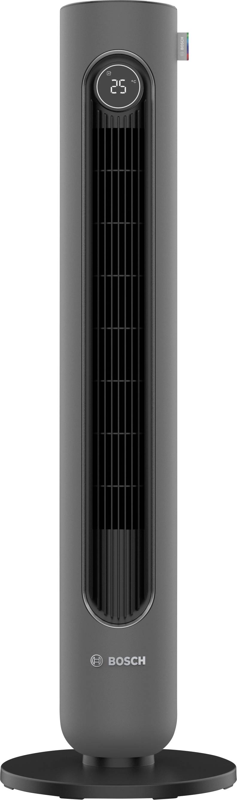 Ein eleganter, moderner Turmventilator in Grau mit einer kreisförmigen digitalen Anzeige oben, die 