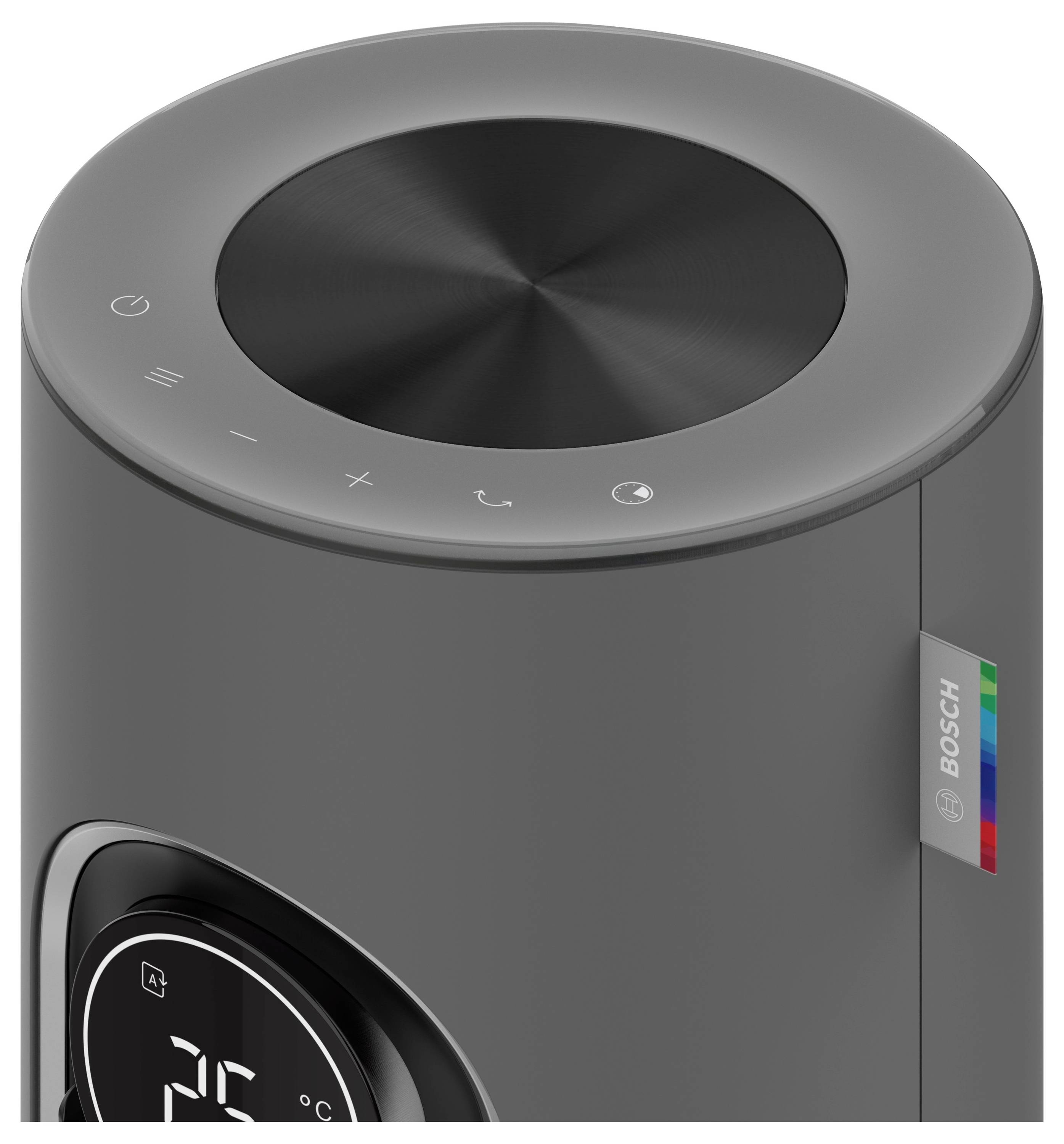 Smart-Home-Gerät mit zylindrischer Form, elegantem grauem Finish und Touch-Steuerungen oben. Zeigt die Temperatur an und verbindet sich mit Bosch-Systemen.