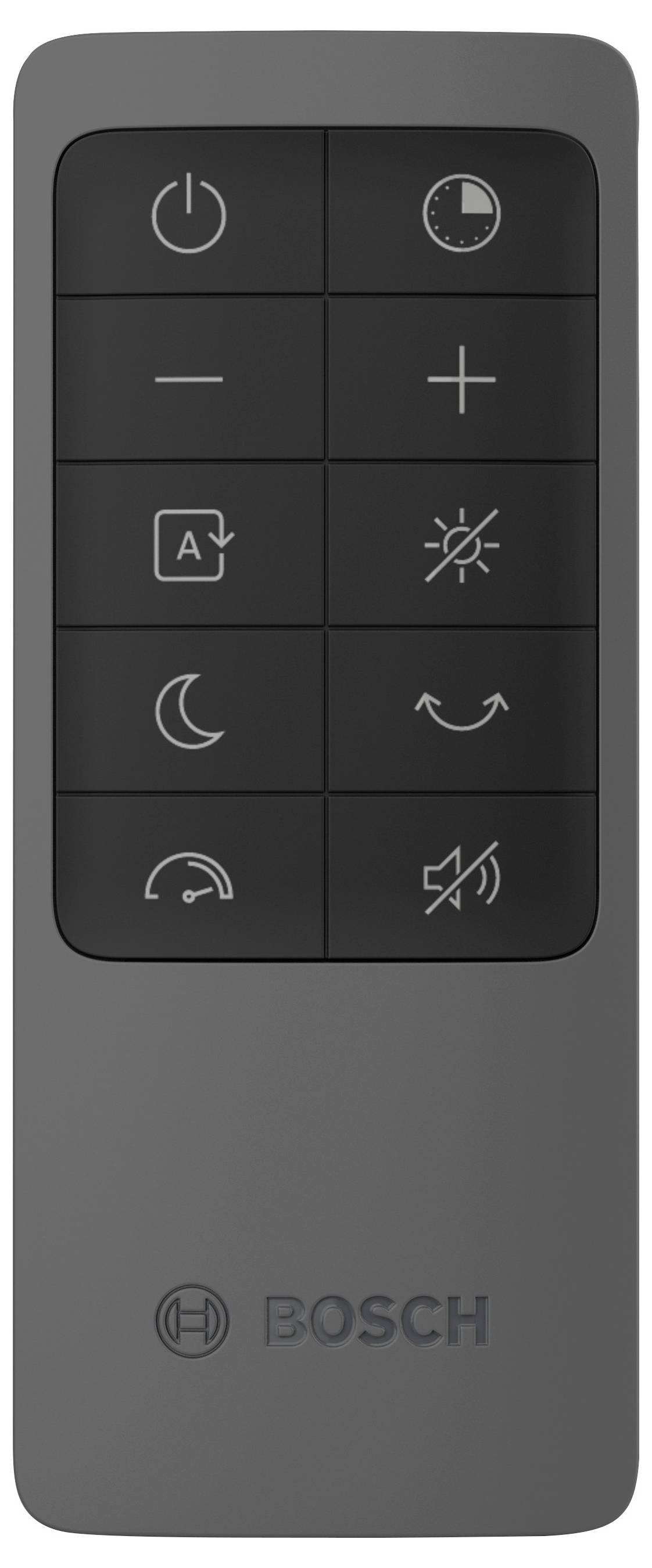Fernbedienung mit Tasten für Stromversorgung, Timer, Modus, Helligkeit, Schlaf, Schwung, Geschwindigkeit und Stummschaltung. Logo „Bosch