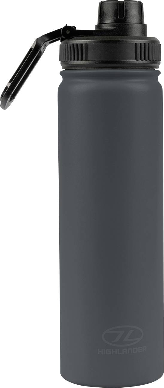 Eine graue Wasserflasche mit schwarzem Verschluss und Tragehenkel.