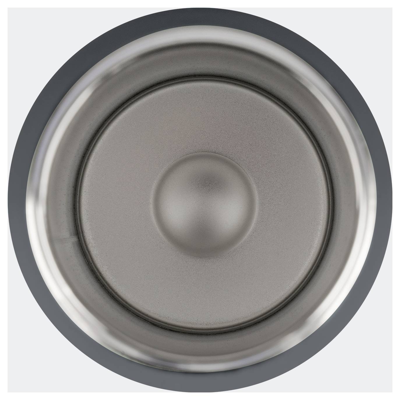 Innenansicht einer Edelstahlschüssel mit gebürsteter Metalloberfläche, die konzentrische Kreise und Lichtreflexionen zeigt.