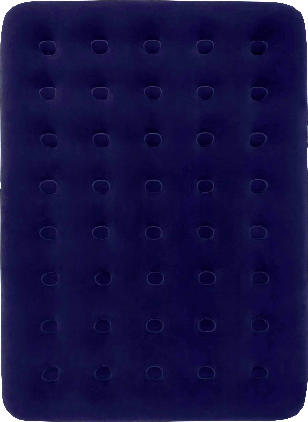 Eine blaue aufblasbare Luftmatratze mit einem Muster aus gleichmäßig verteilten kreisförmigen Vertiefungen über die gesamte Oberfläche.