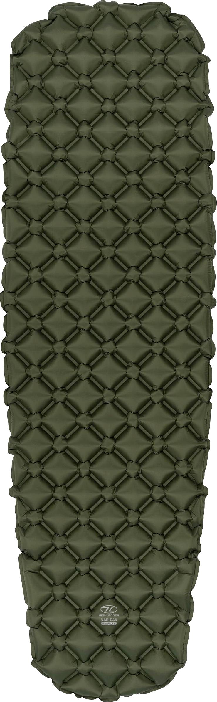 Ein olivgrünes, aufblasbares Schlafpad mit gestepptem Muster, entworfen für Outdoor-Camping-Komfort und Isolierung.