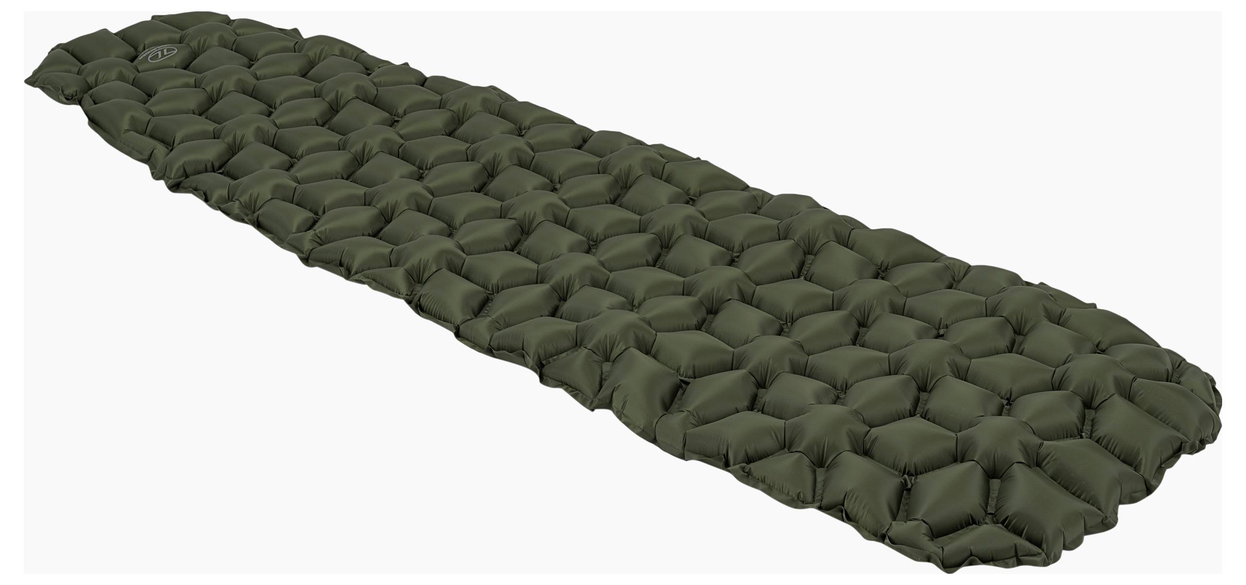 Olivgrüne aufblasbare Schlafmatte mit sechseckigem Kissendesign, ideal zum Campen oder für den Außenbereich.