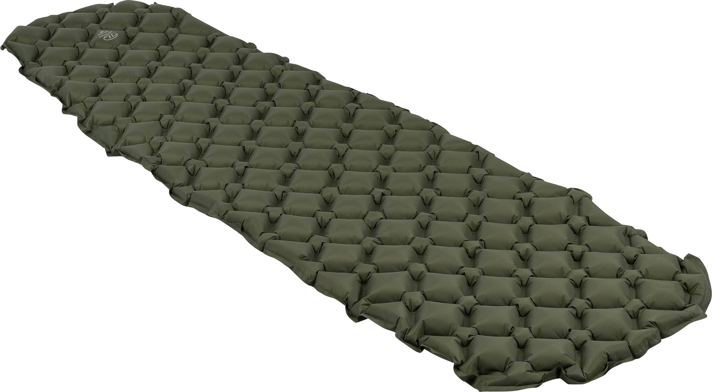 Ein grünes, aufblasbares Schlafkissen mit gestepptem Oberflächendesign, geeignet zum Campen und für den Outdoor-Einsatz.