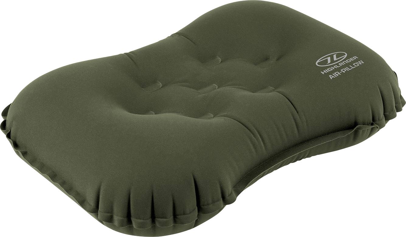 Dunkelgrünes aufblasbares Kissen mit einem Logo auf der Seite, das ein welliges Design und eine konturierte Oberfläche für ergonomische Unterstützung aufweist.