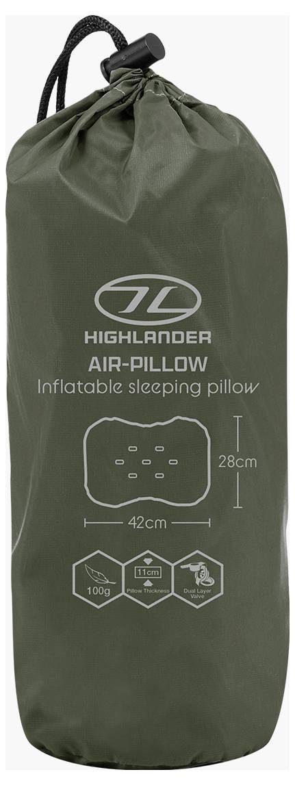 Grüne Tragetasche mit Text „Highlander Air-Pillow aufblasbar Schlafkissen