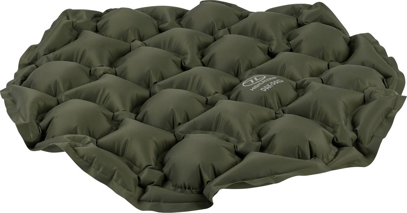 Aufblasbares grünes Kissen mit gestepptem Muster, geeignet zum Sitzen im Freien oder zum Camping.