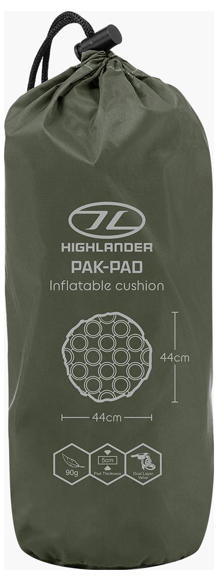 Ein olivgrünes, aufblasbares Kissen mit gestepptem Muster, das für Komfort und Unterstützung konzipiert ist und häufig im Freien oder beim Camping verwendet wird.