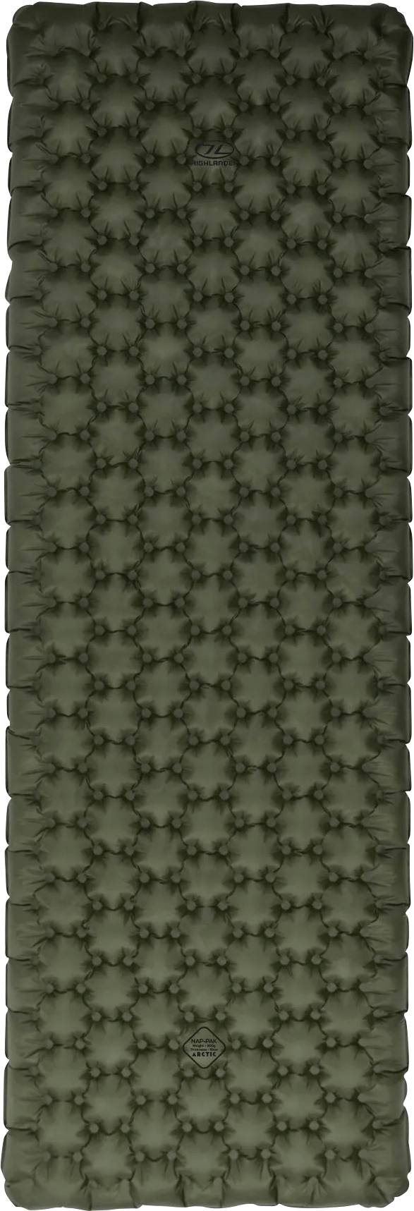 Olivgrüne Luftmatratze mit einem Raster aus miteinander verbundenen, aufgeblasenen Kreisen für Outdoor-Camping, entworfen für Komfort und kompakte Lagerung.