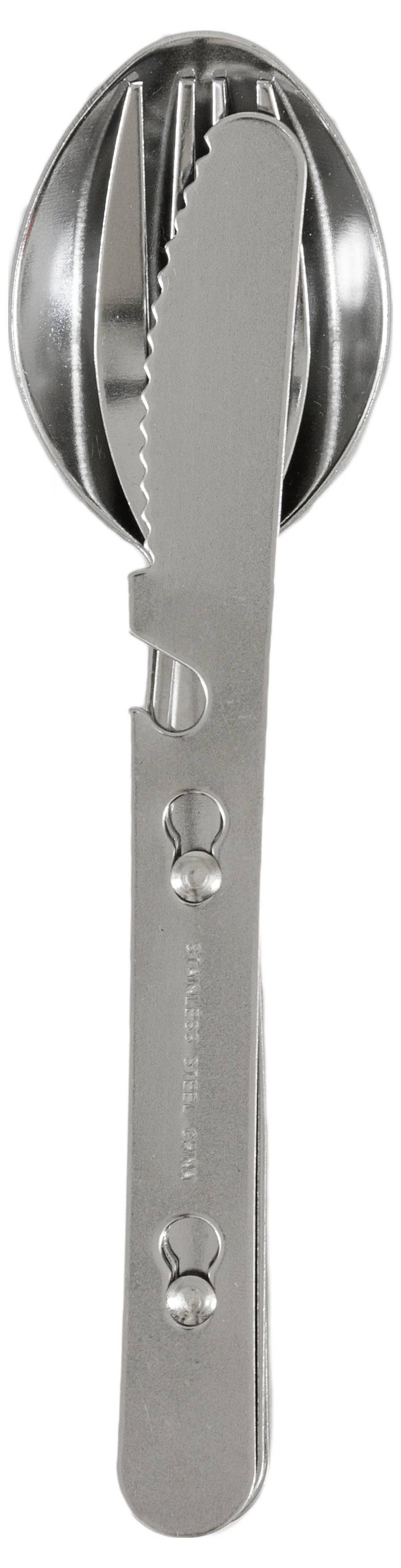 Ein faltbares Campingbesteck-Set umfasst einen Löffel, eine Gabel und ein Messer, alle aus Metall und stapelbar für platzsparende Aufbewahrung.