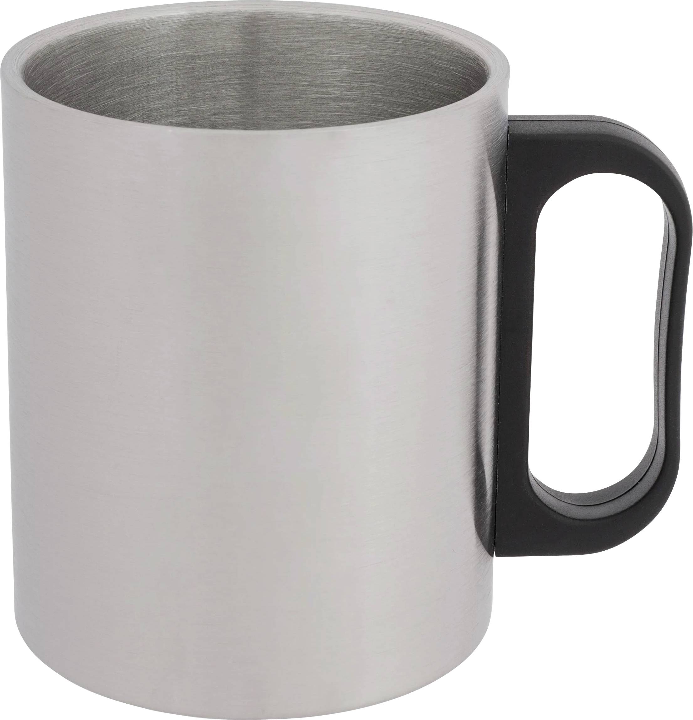 Ein Edelstahlbecher mit schwarzem Kunststoffgriff, der auf einem einfachen Hintergrund steht.