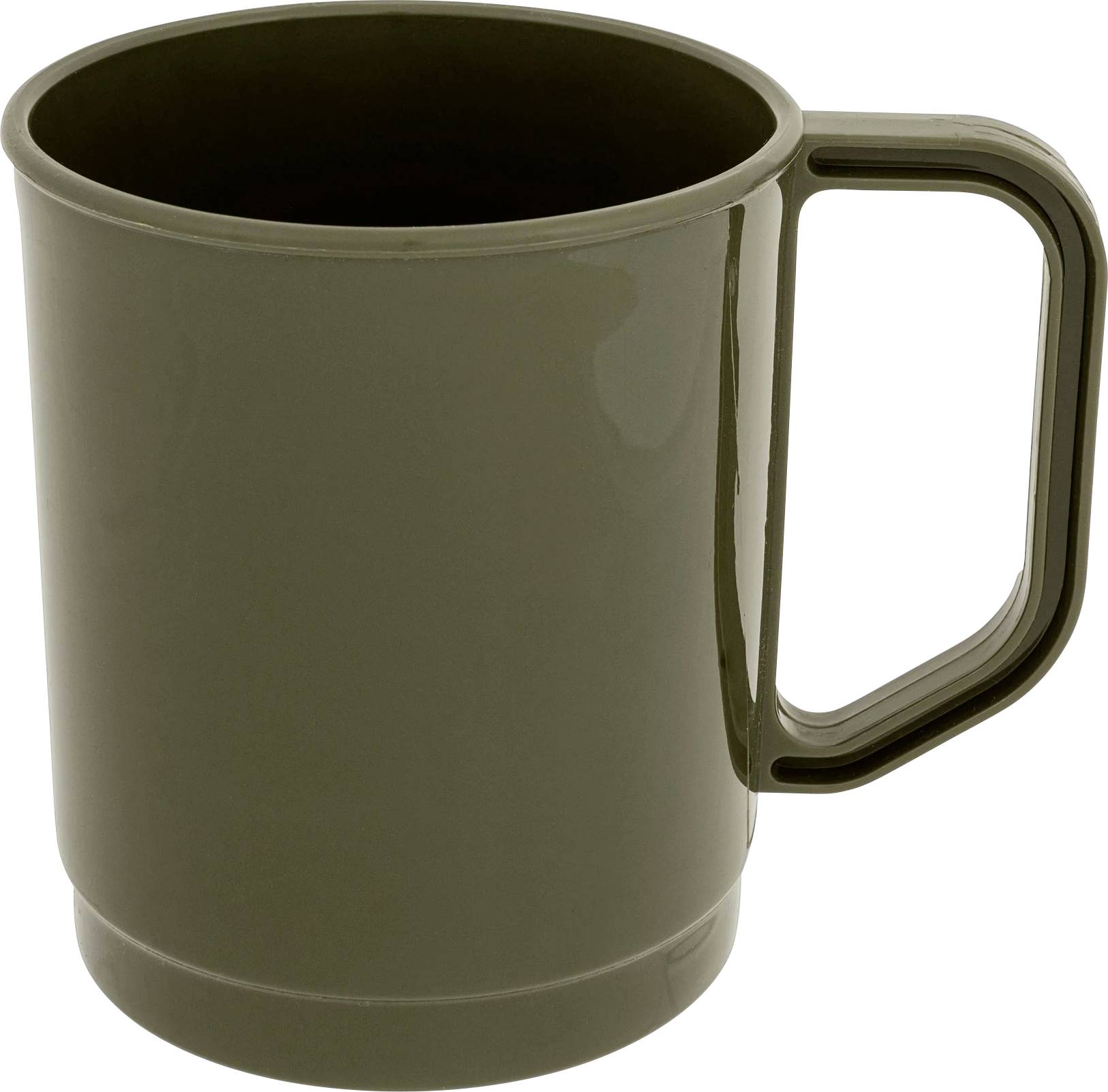 Eine schlichte, dunkeloliv-grüne Kunststofftasse mit einfachem Henkel, vor weißem Hintergrund.