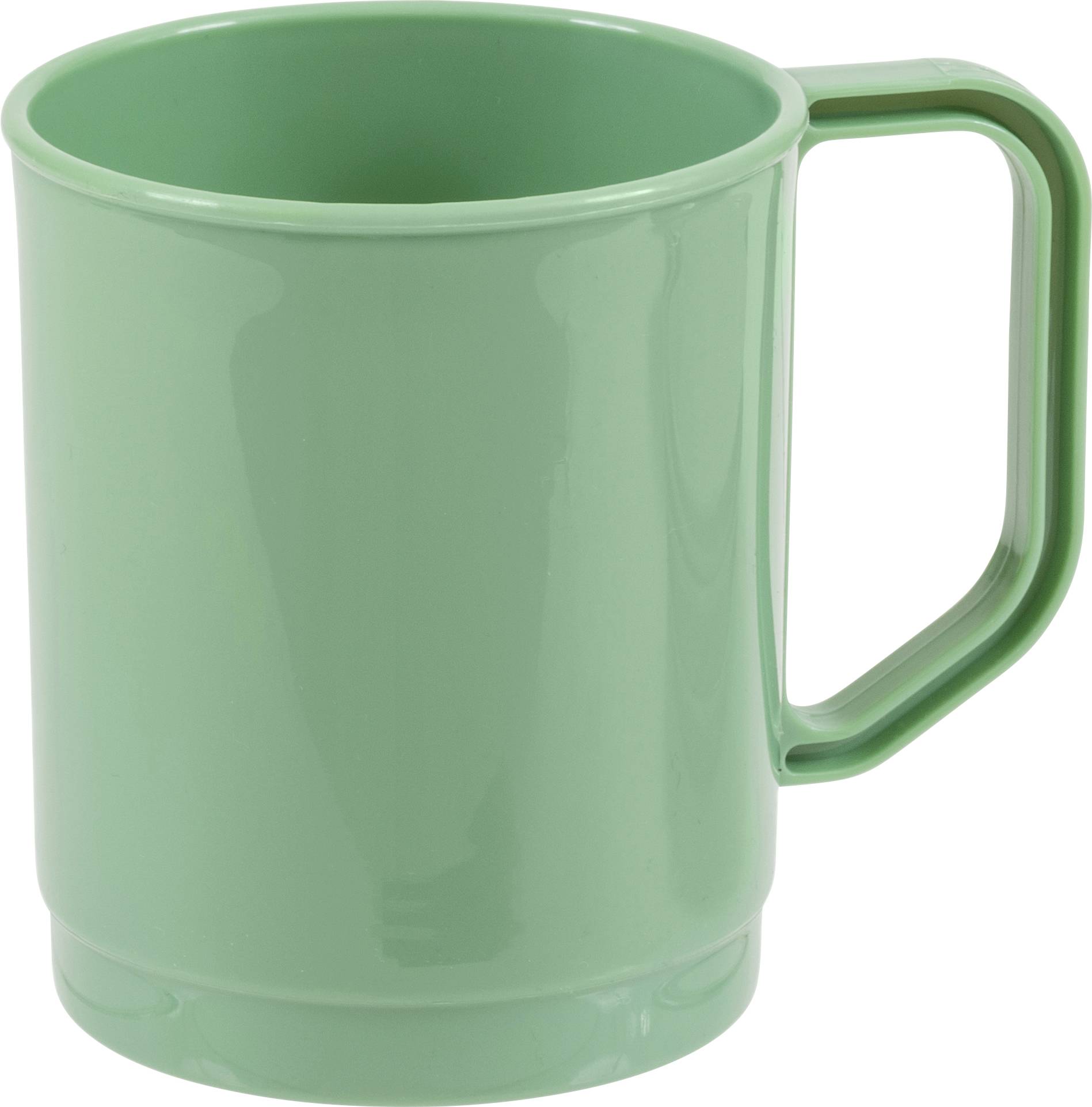 Ein grüner Kunststoffbecher mit einem Griff, gezeigt auf einem einfachen Hintergrund.