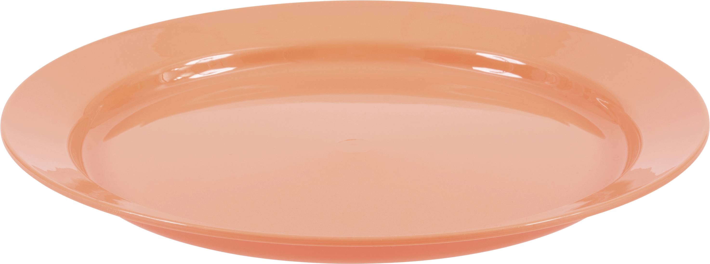 Ein leerer orangefarbener Kunststoffteller mit glänzender Oberfläche auf weißem Hintergrund.