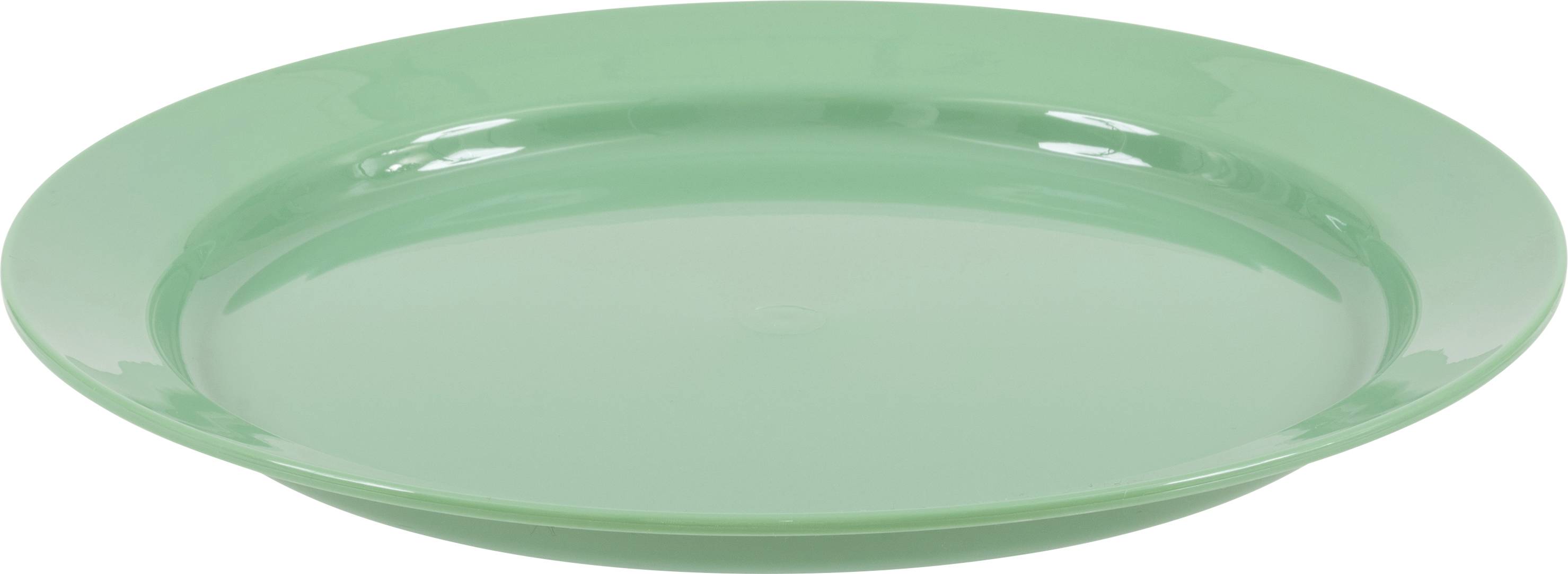 Ein einfacher, runder, grüner Keramikteller mit glänzender Oberfläche ist auf weißem Hintergrund zentriert.