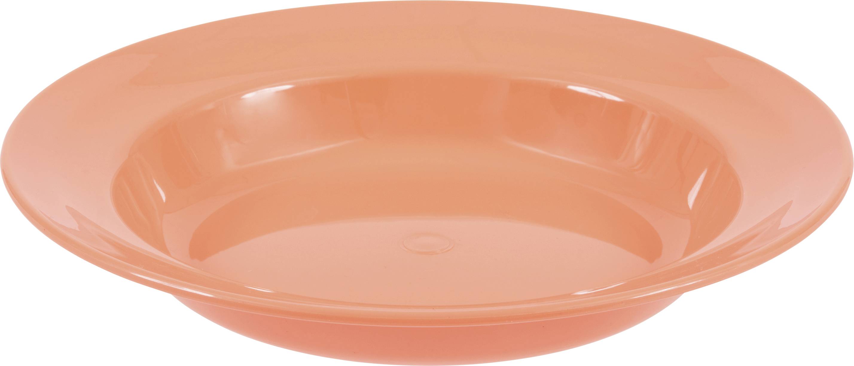 Eine orangefarbene Kunststoffschüssel mit glänzender Oberfläche, aus leicht schrägem Winkel gezeigt, die ihre glatte Oberfläche und flache Tiefe hervorhebt.