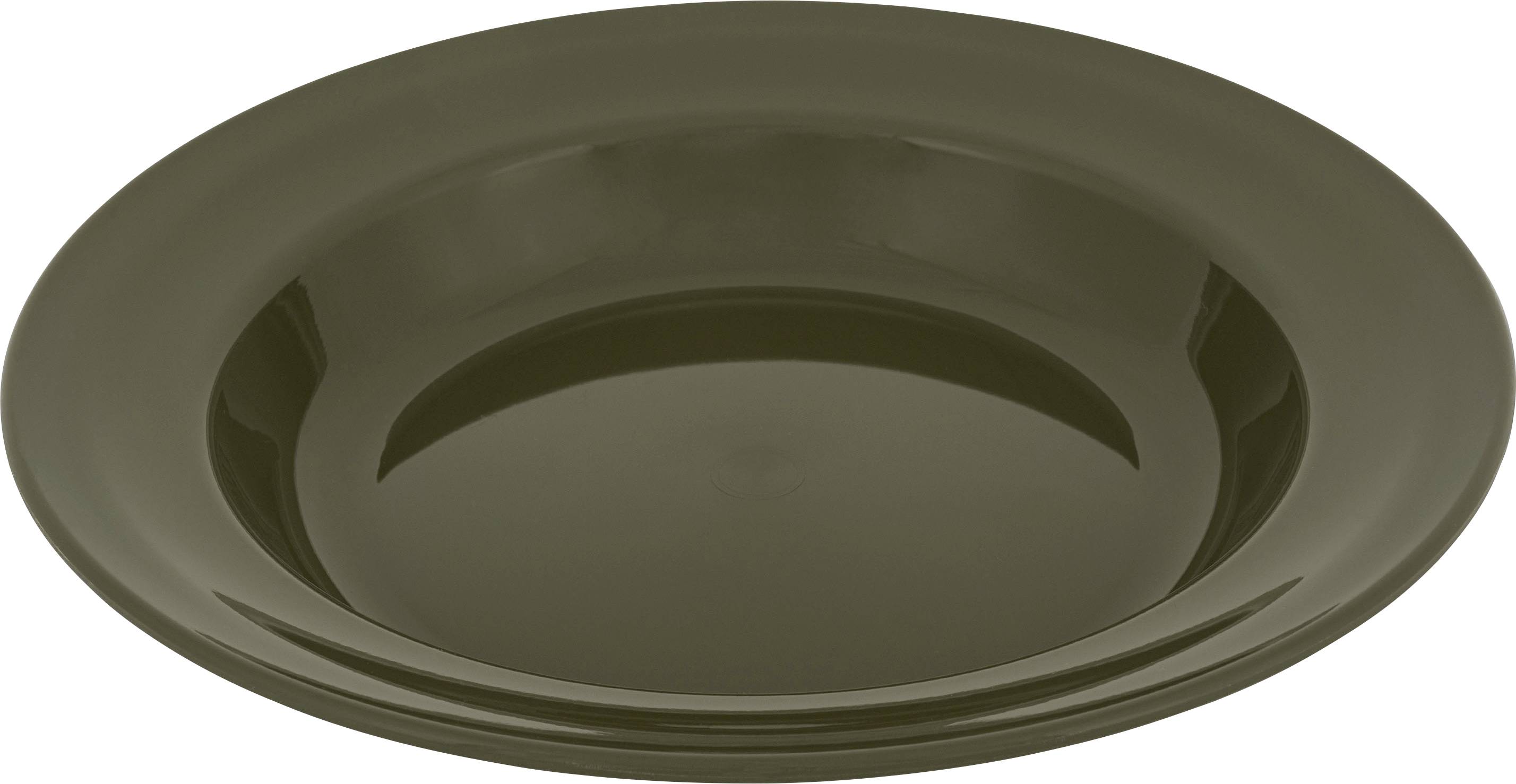 Ein leerer, dunkelbrauner, runder Suppenteller mit breitem Rand, von oben betrachtet.