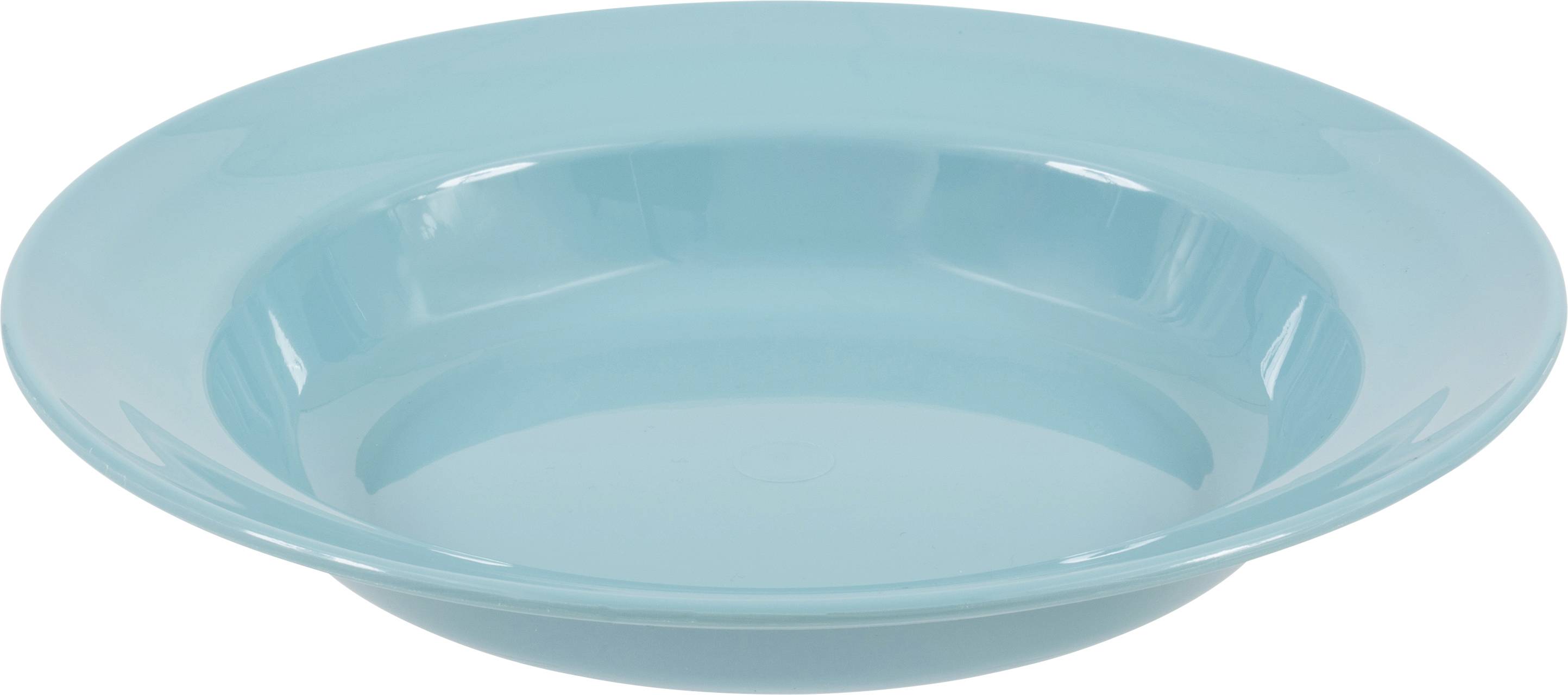 Ein einfacher, blauer Keramik-Suppenteller mit glänzender Oberfläche.