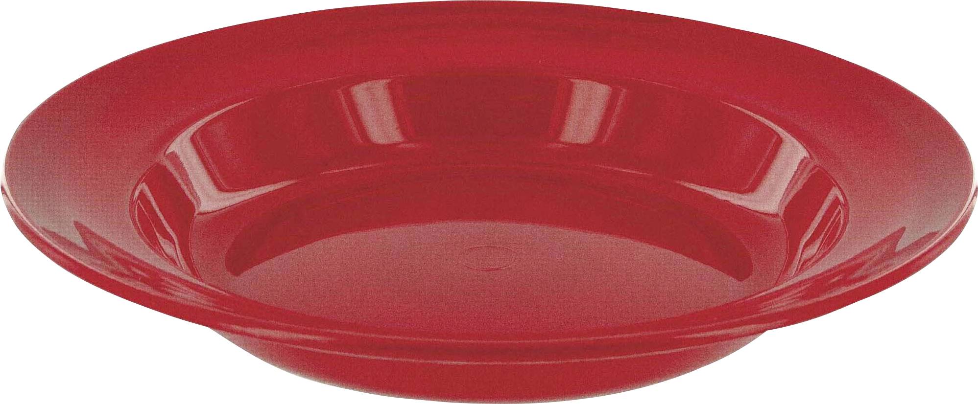 Eine leuchtend rote, runde, flache Schüssel mit einer glatten, glänzenden Oberfläche.