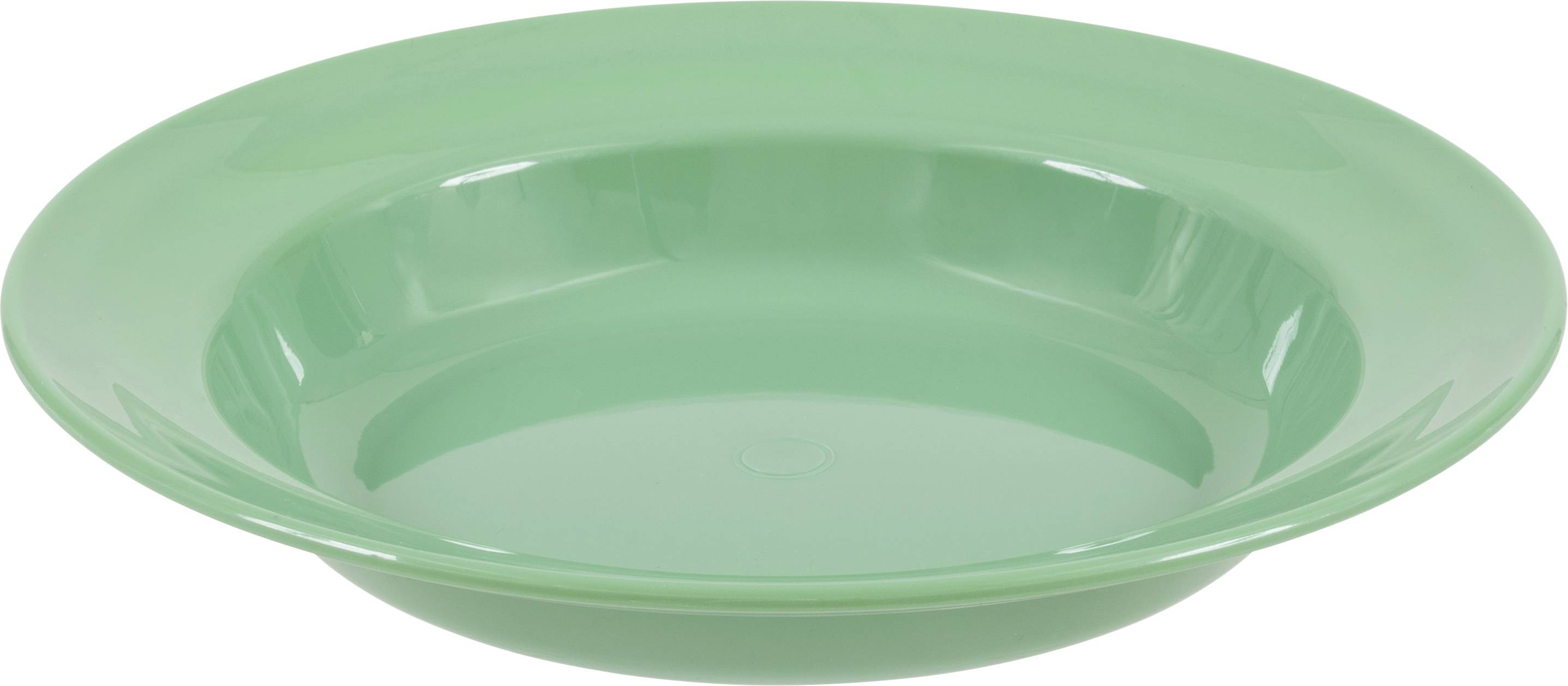 Ein grüner Kunststoffteller mit geringer Tiefe und breitem Rand, entwickelt zum Servieren von Speisen.