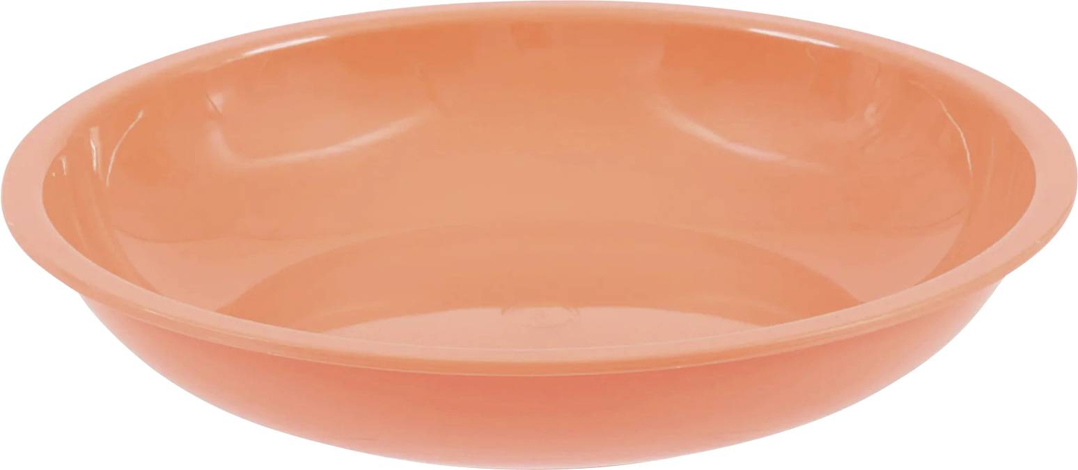 Eine leere, runde Kunststoffschüssel aus Orange mit glatter Innenfläche.