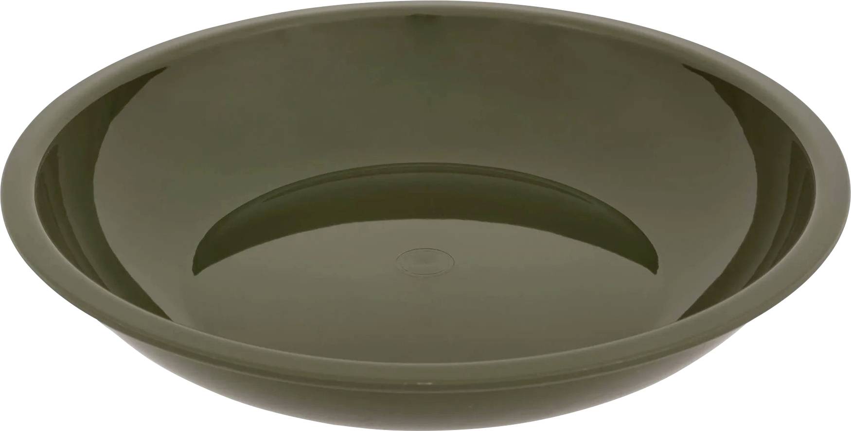 Ein einfacher, dunkelgrüner Kunststoffteller mit einer glatten, glänzenden Oberfläche. Der Teller ist rund mit leicht erhobenen Rändern.
