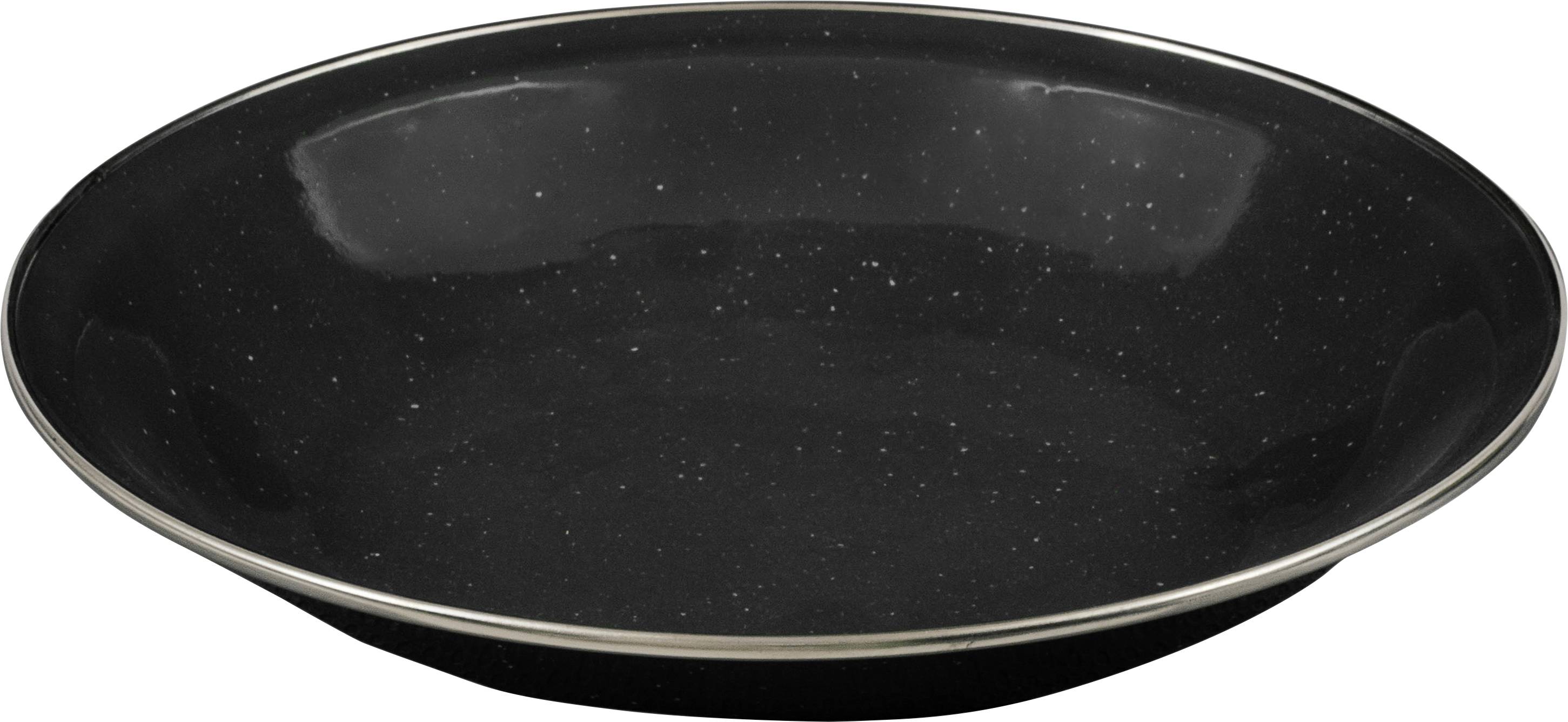 Ein schwarzes Keramik-Speiseteller mit feinem gesprenkeltem Muster und glänzender Oberfläche, von oben betrachtet, auf einer flachen Fläche liegend.