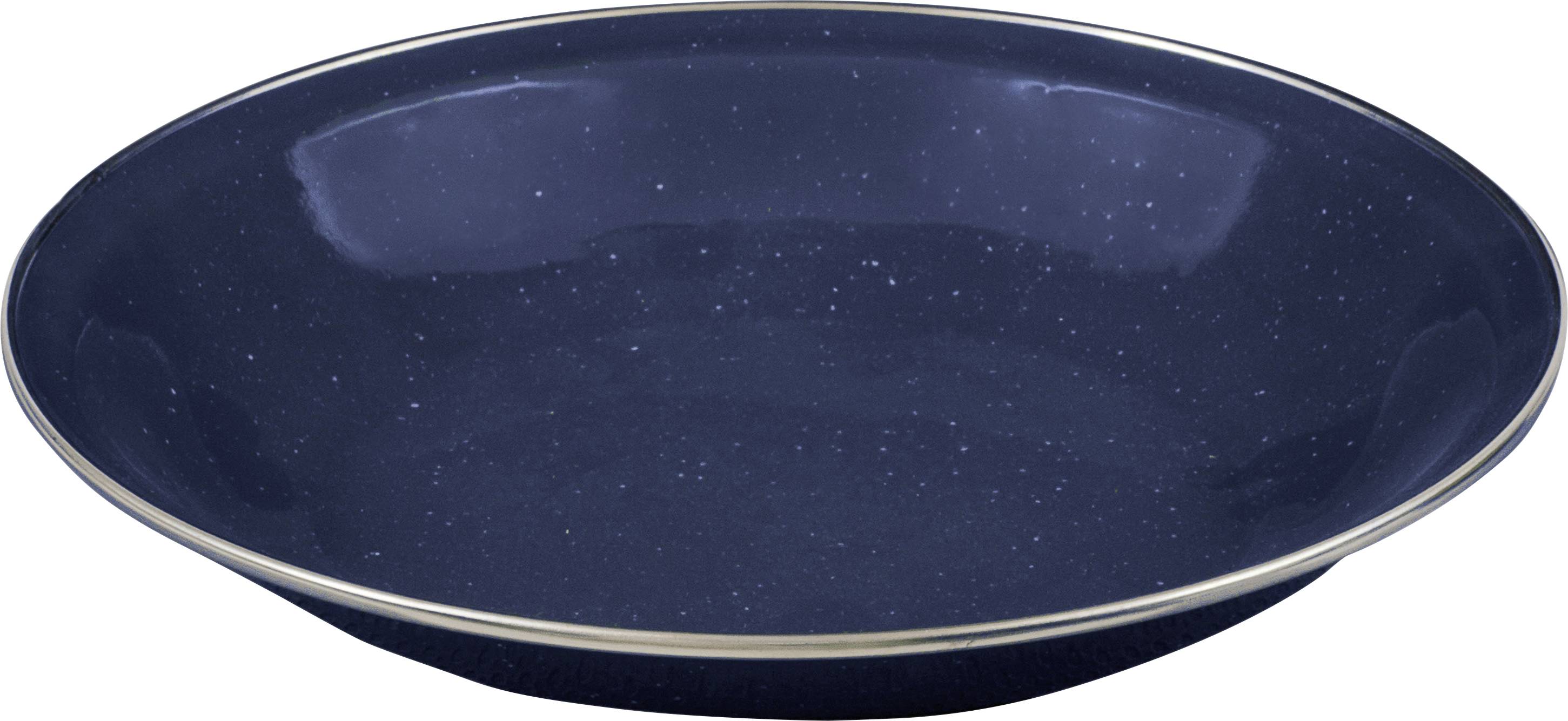 Ein dunkelblauer, runder Teller mit einem dünnen, hellfarbigen Rand, mit einer strukturierten Oberfläche und kleinen weißen Flöckchen.