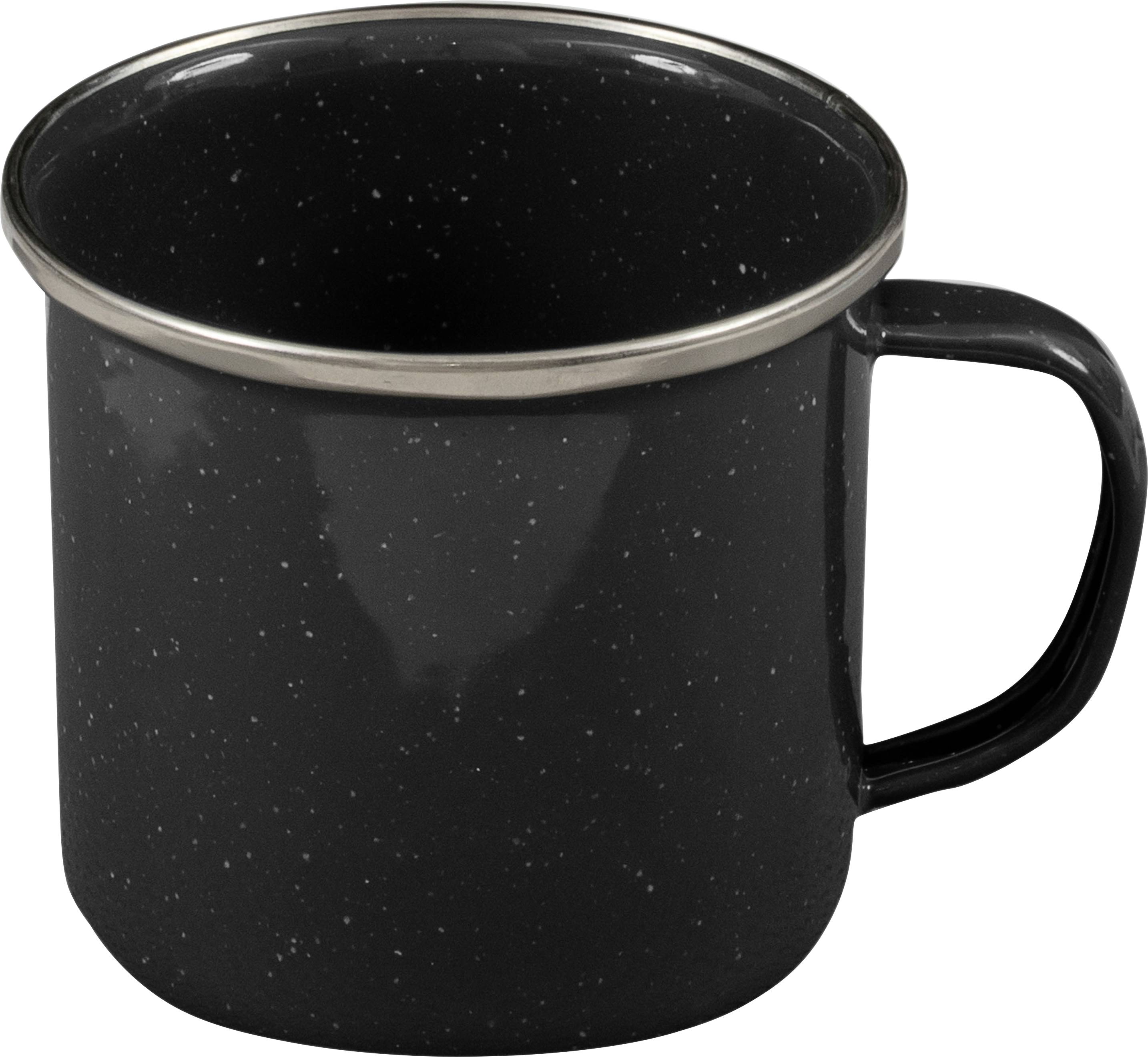 Eine schwarze Emailletasse mit Stahlrand und Griff, mit gesprenkeltem Design.