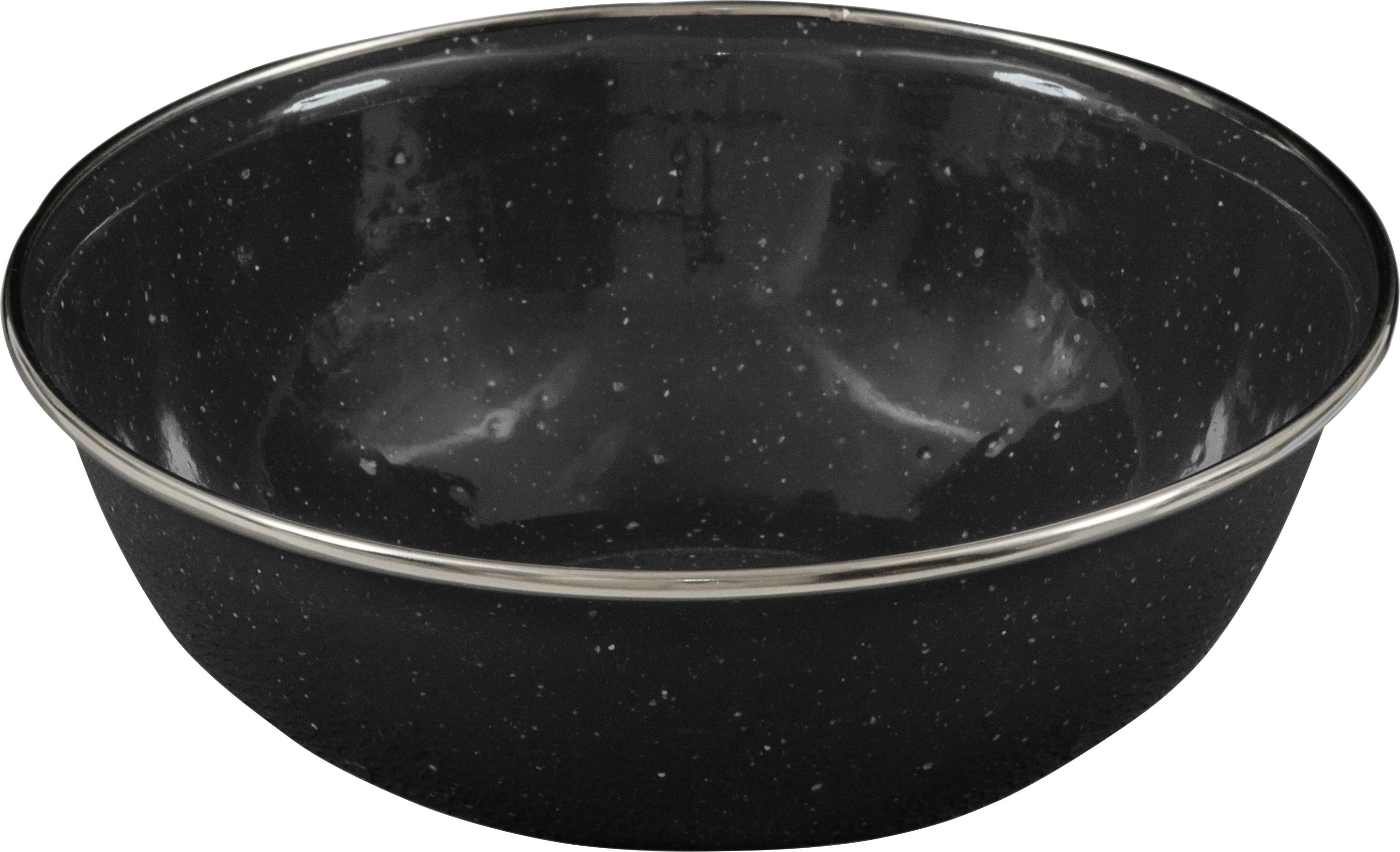 Eine schwarze gesprenkelte Schüssel mit metallischem Rand, aus einem Winkel betrachtet, die ihre Tiefe und glänzende Oberfläche zeigt.