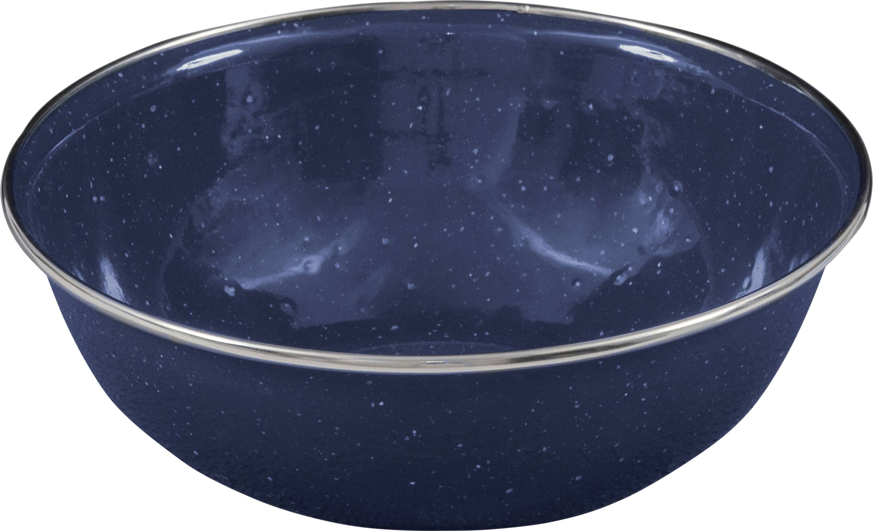 Eine dunkelblau gesprenkelte Emailschüssel mit Metallrand, leer und von oben betrachtet.