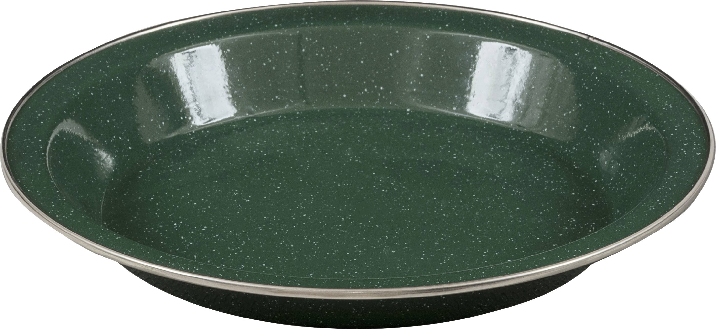 Ein grünes gesprenkeltes Keramik-Speiseteller mit leicht erhöbenem Rand, von oben betrachtet.