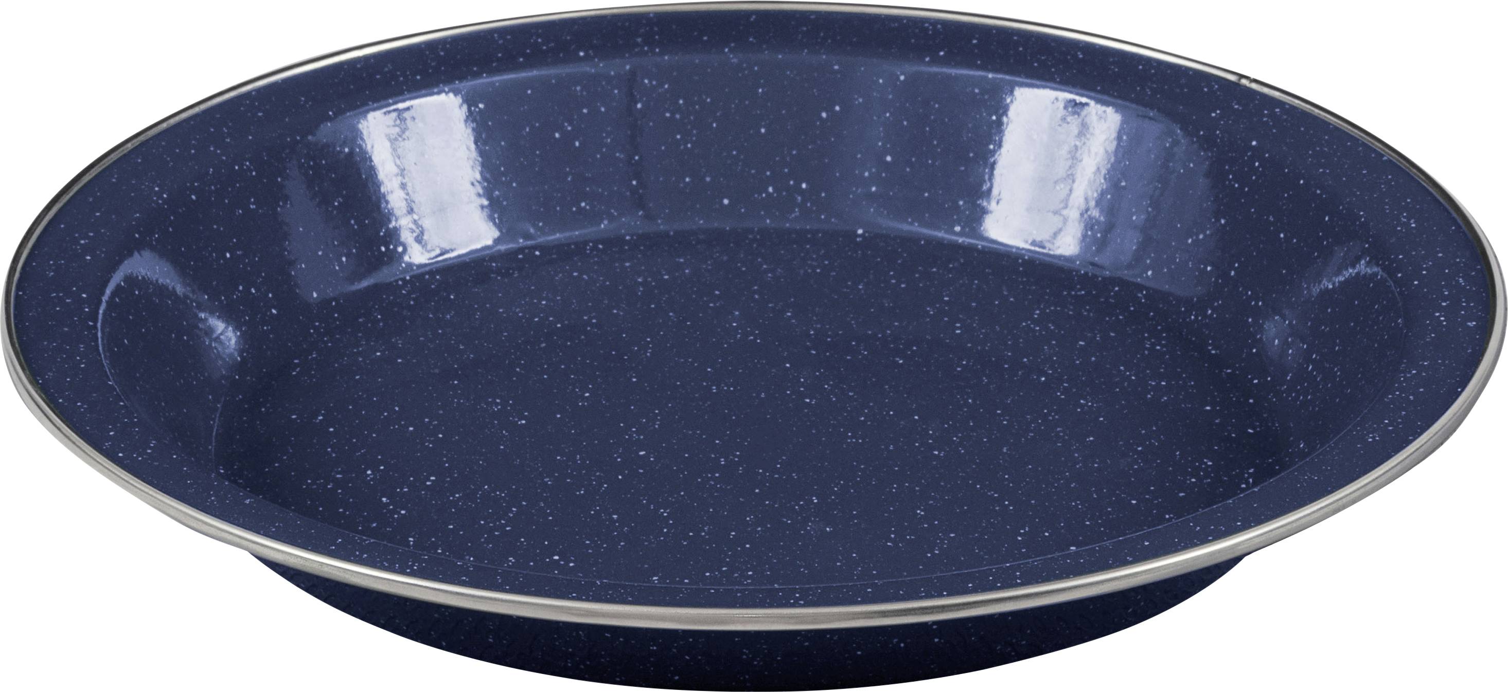 Eine blaugesprenkelte Emailleform mit metallischem Rand, leer und zentriert vor einem einfachen Hintergrund.