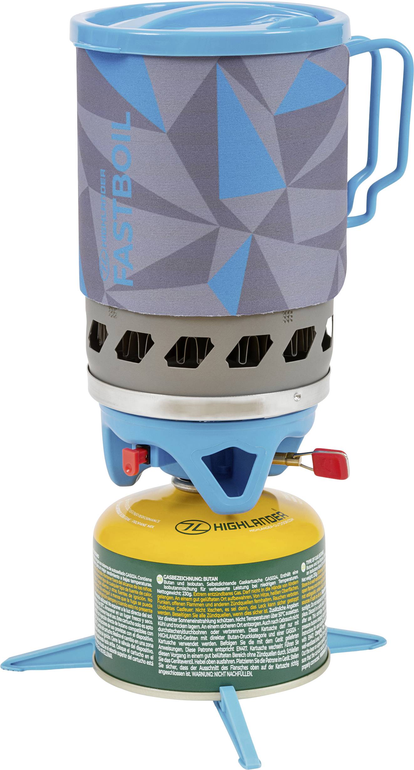 Ein tragbarer Campingkocher mit blauem und grauem geometrischem Design, beschriftet mit „FASTBOIL