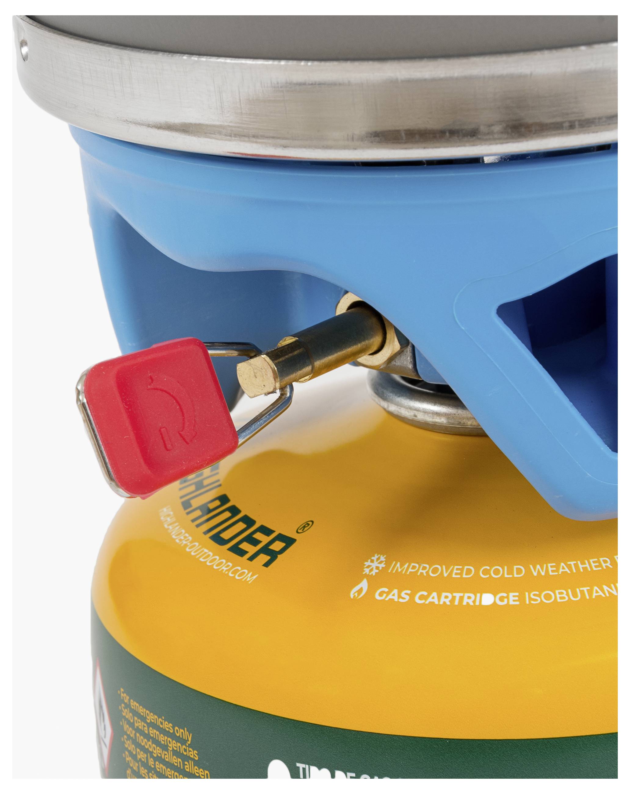 Eine Nahaufnahme einer Gaskartusche mit einem Metallventil und rotem Hahn, befestigt an einer blauen Kunststoffhalterung.