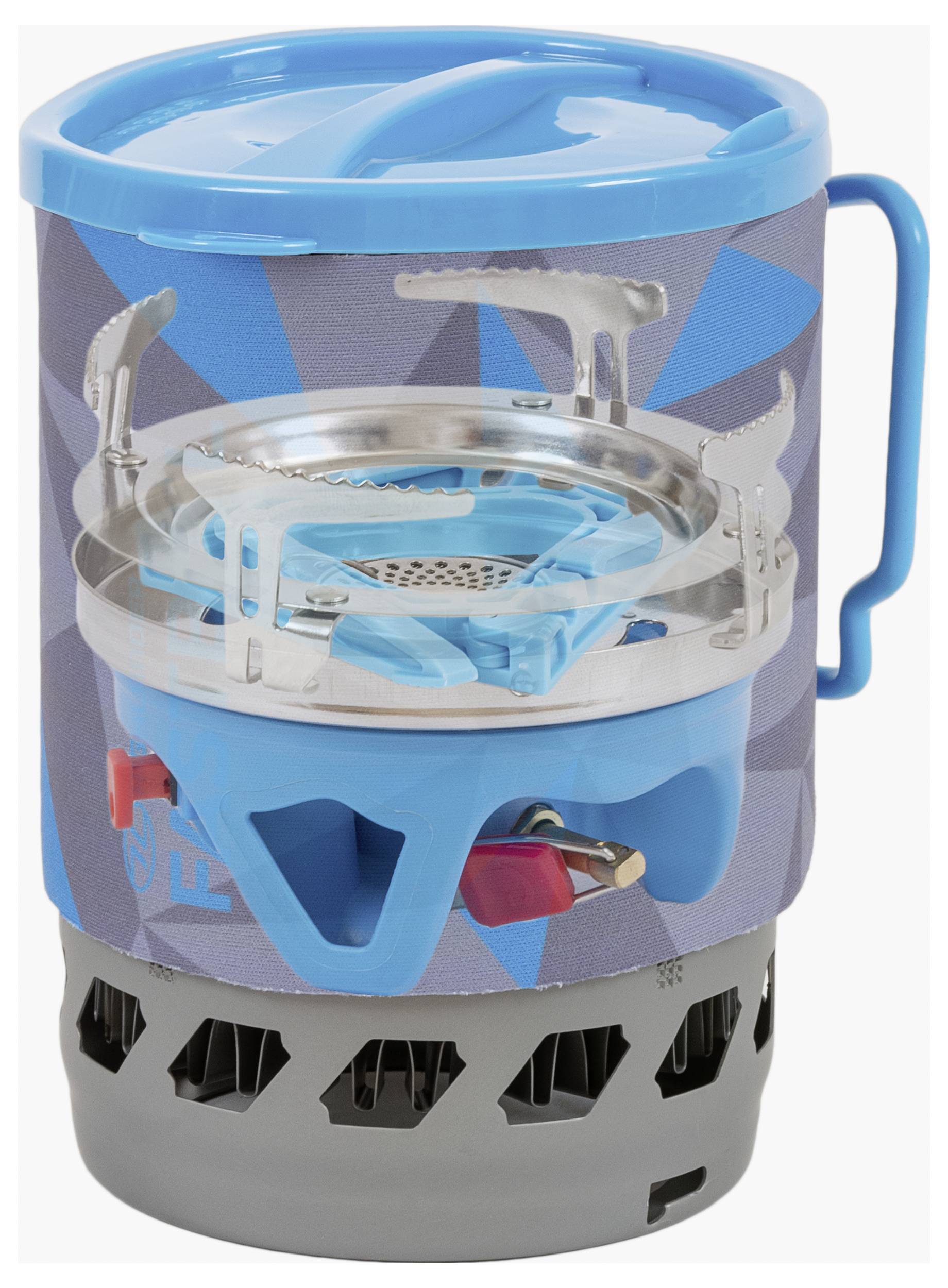 Ein tragbarer blauer Campingkocher mit silbernem Brenner und grauer Basis, entworfen für das Kochen im Freien. Der Kocher verfügt über einen Griff und einen Deckel.