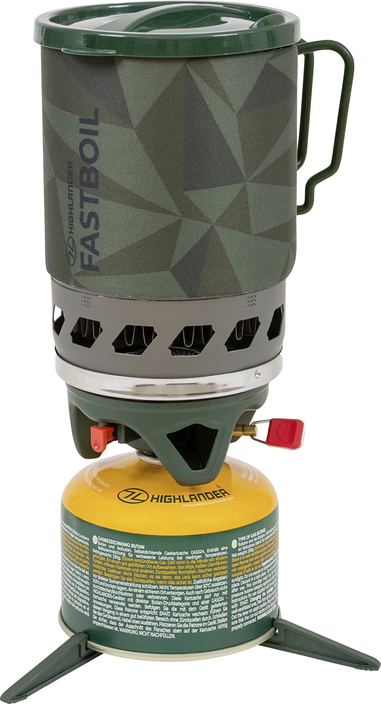 Campingkocher mit grünem Topf mit der Aufschrift „FASTBOIL