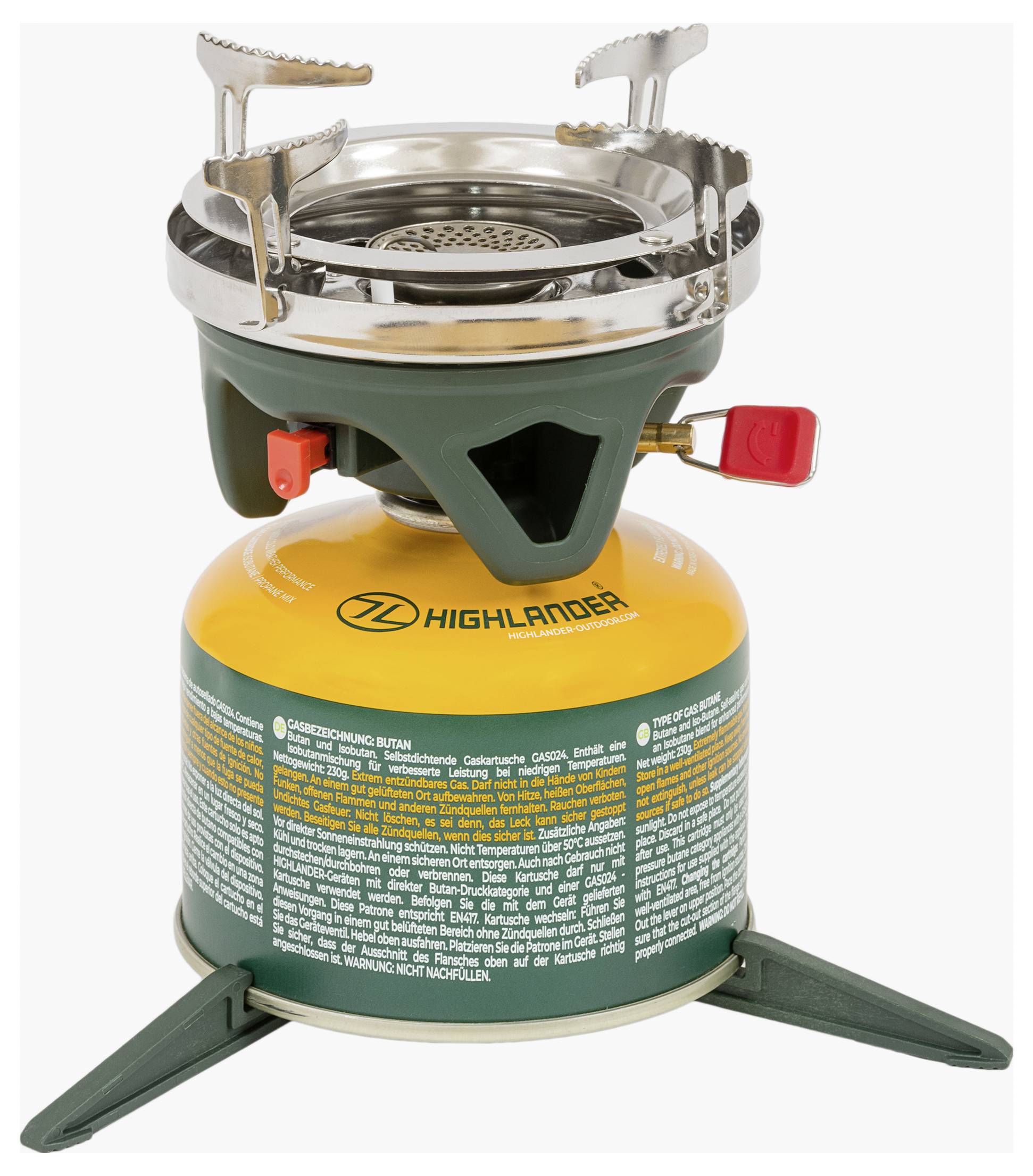 Ein tragbarer Campingkocher auf einer Gaskartusche mit einem Metallbrenner und einem Regelventil. Der Markenname „Highlander