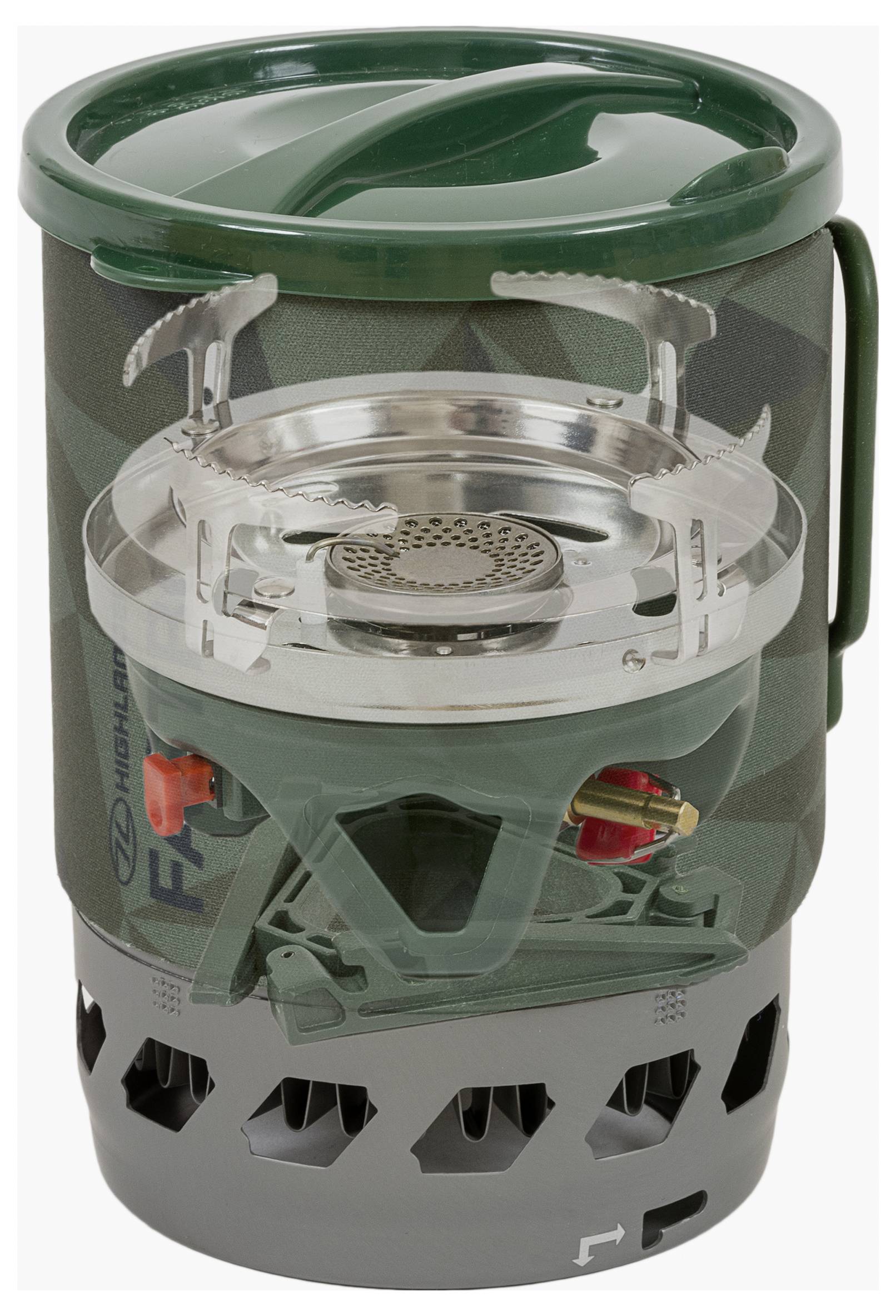 Ein tragbarer, kompakter Campingkocher mit einem Metallbrenner, grünem Schutzdeckel und robuster grauer Basis, entworfen für das Kochen im Freien.