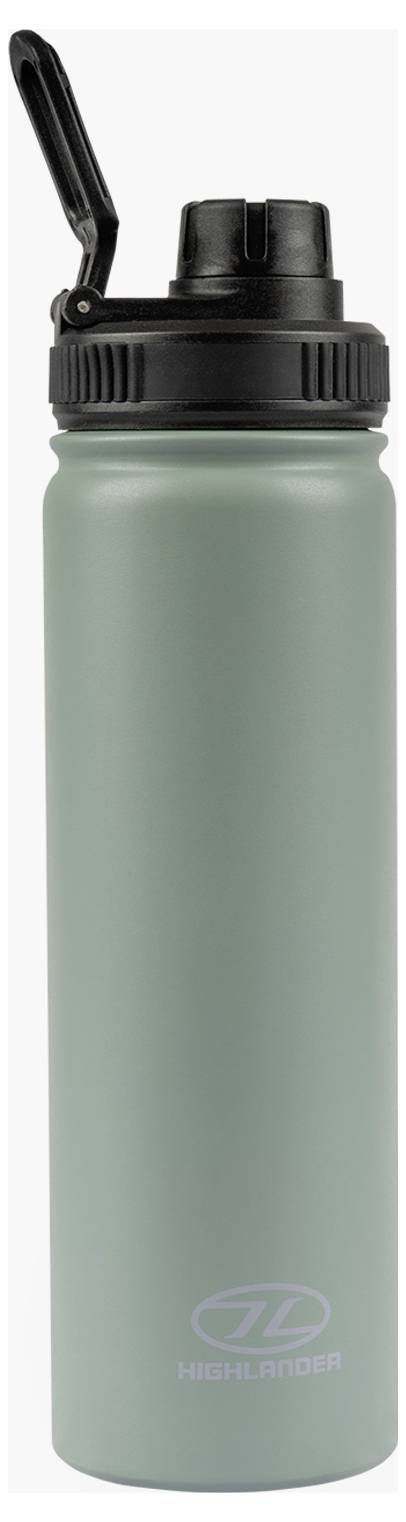 Eine große, graugrüne Metallflasche zum Trinken von Wasser mit schwarzem Schraubdeckel und Klappausguss. Die Flasche ist mit der Marke 