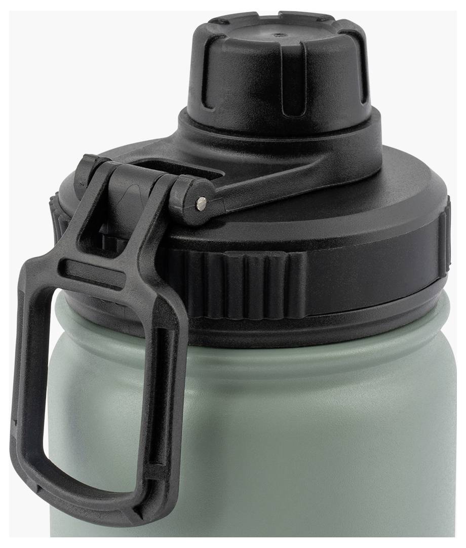 Deckelkappe mit Klappöffnung, konzipiert für einfaches Trinken. Der Deckel wird von oben betrachtet und zeigt den hellblauen Klappöffnungsmechanismus.