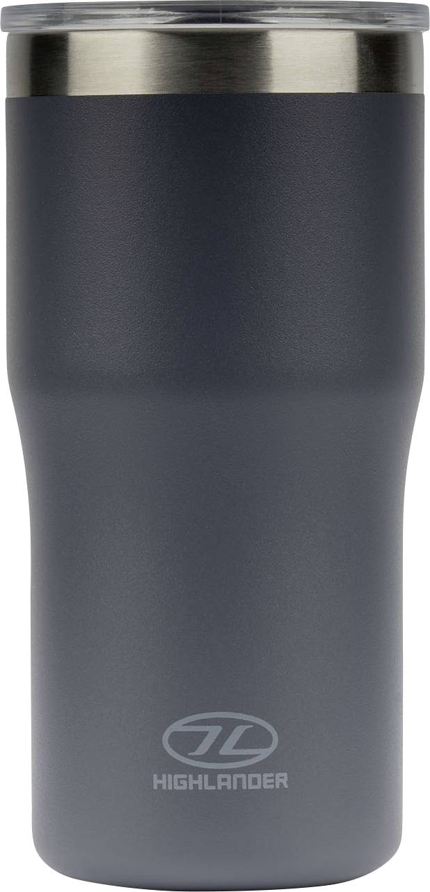 Eine dunkelgraue Reisebecher mit Edelstahlrand und durchsichtigem Deckel, mit der Marke 