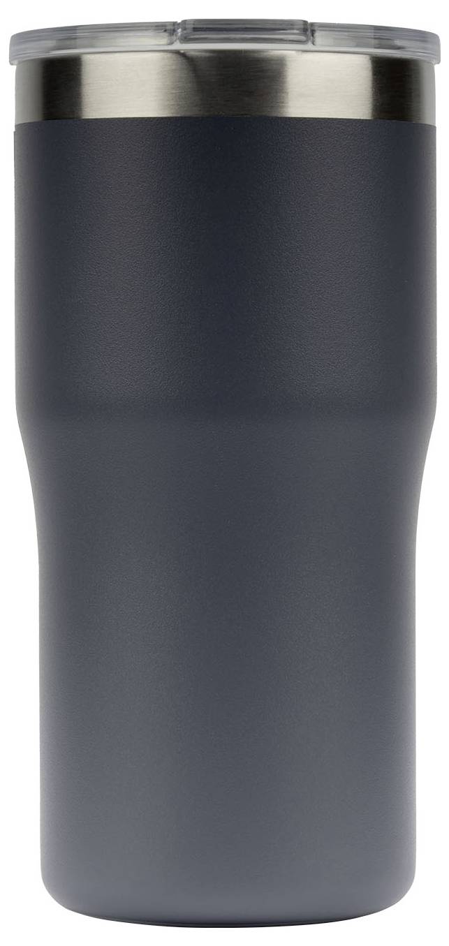 Ein dunkelgrauer Edelstahl-Trinkbecher mit durchsichtigem Deckel, konzipiert zum Warmhalten oder Kühlen von Getränken.