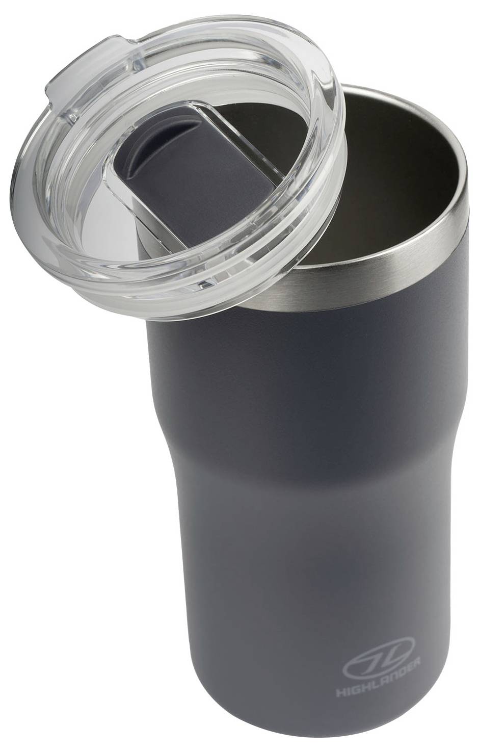 Hohe, dunkelbraune Thermoskanne mit durchsichtigem Kunststoffdeckel, teilweise offen. Logo an der Basis. Entwickelt zum Warmhalten oder Kalthalten von Getränken.