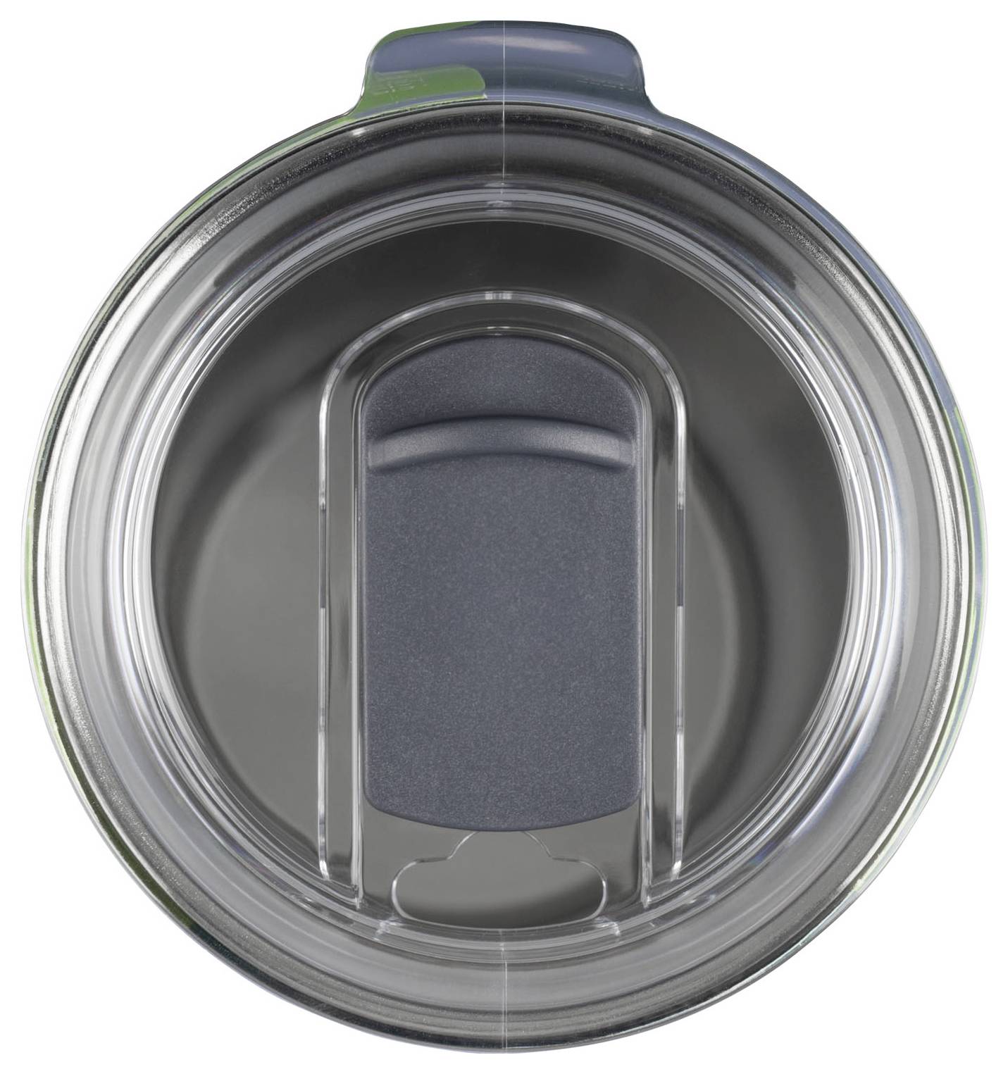 Eine Nahaufnahme von oben auf einen Deckel aus Edelstahl für ein Trinkgefäß mit Schiebeverschluss, entwickelt um Verschüttungen zu verhindern und die Temperatur zu halten.