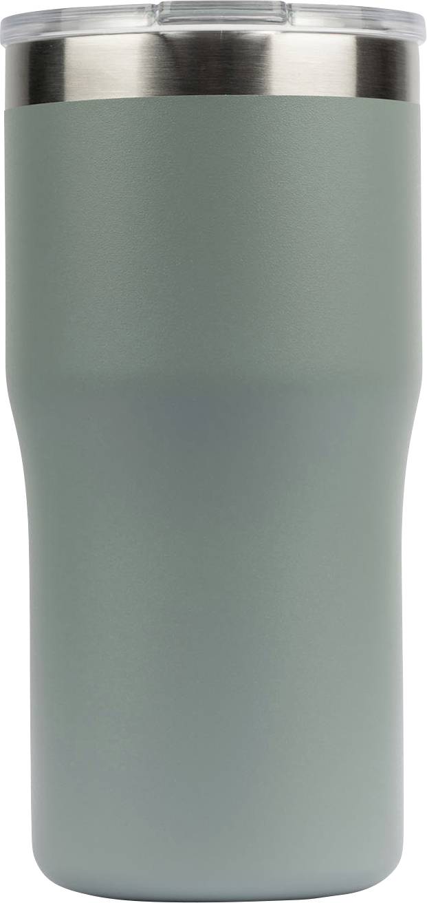 Ein schlanker, hoher Edelstahl-Reisebecher mit mattem grünem Finish und durchsichtigem Deckel, konzipiert für heiße oder kalte Getränke.