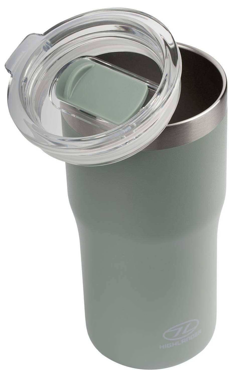 Eine Edelstahl-Reiseflasche mit hellgrünem Außendesign und transparentem Flip-Top-Deckel. Geeignet für heiße und kalte Getränke.